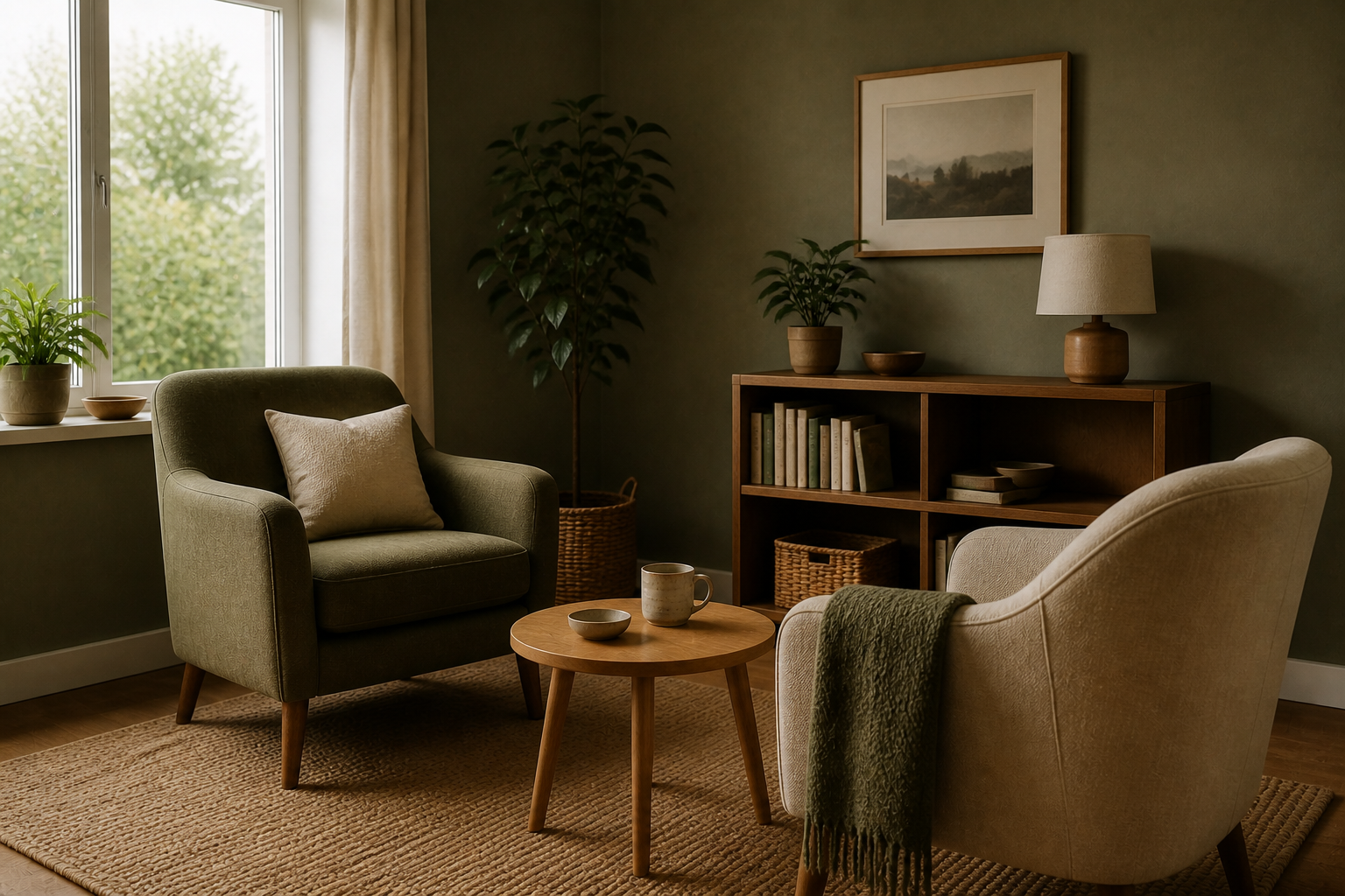 A warm counselling room with olive and cream chairs