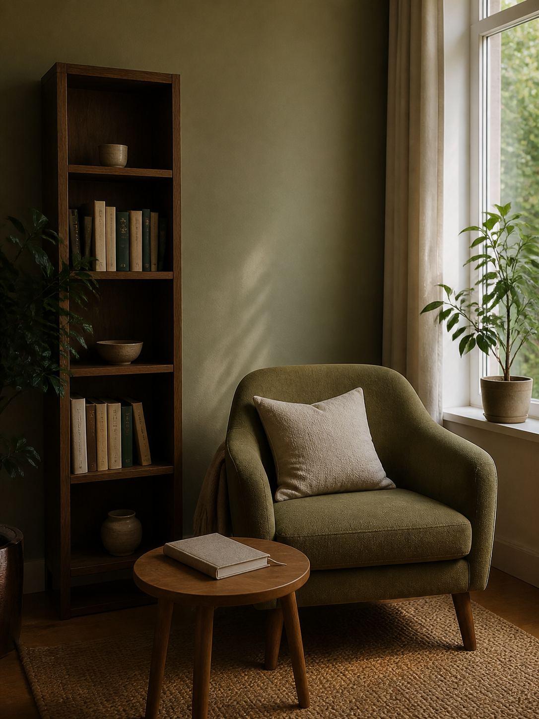 An olive reading chair beside books and a softly lit window