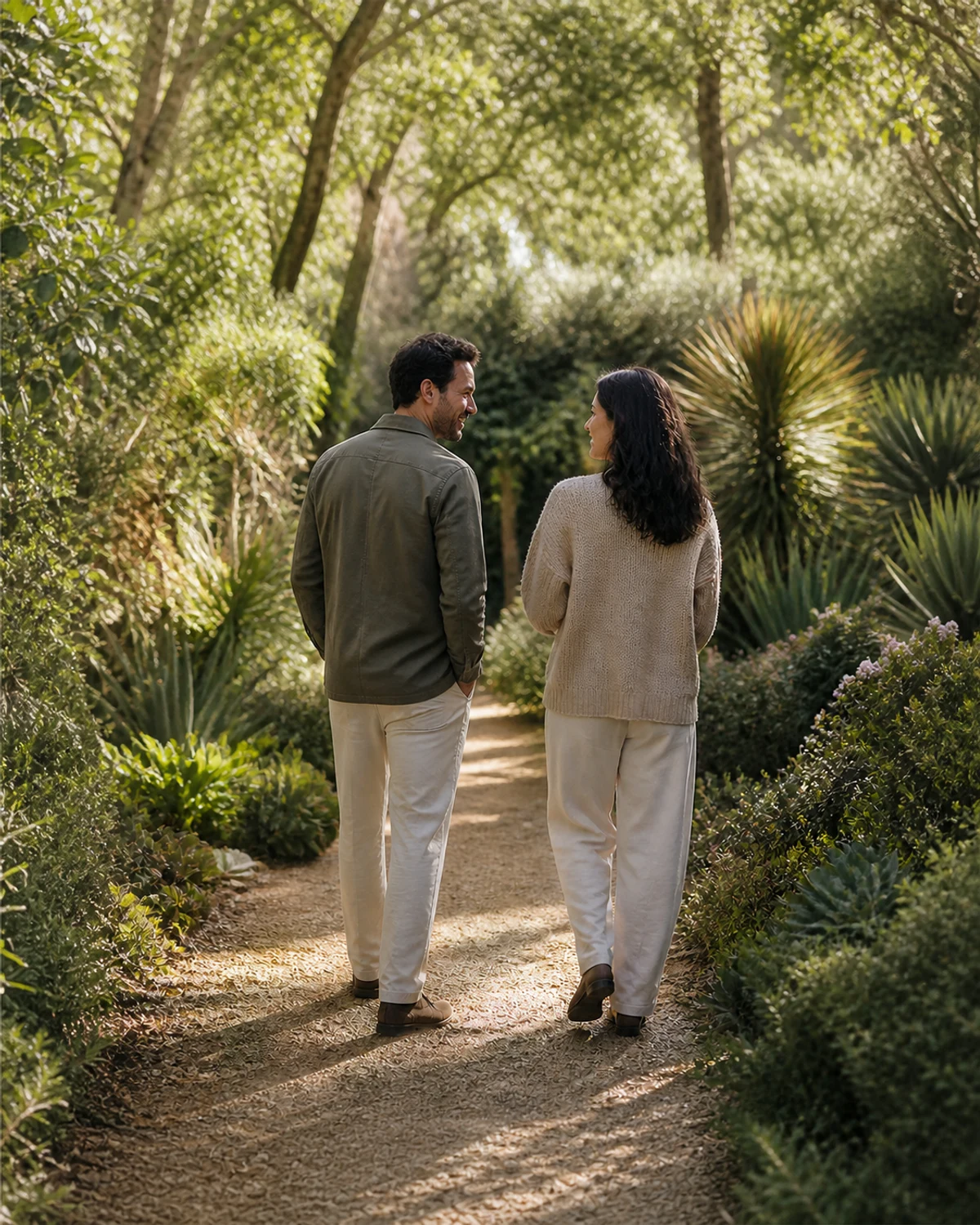 Two people walking together through a sunlit garden