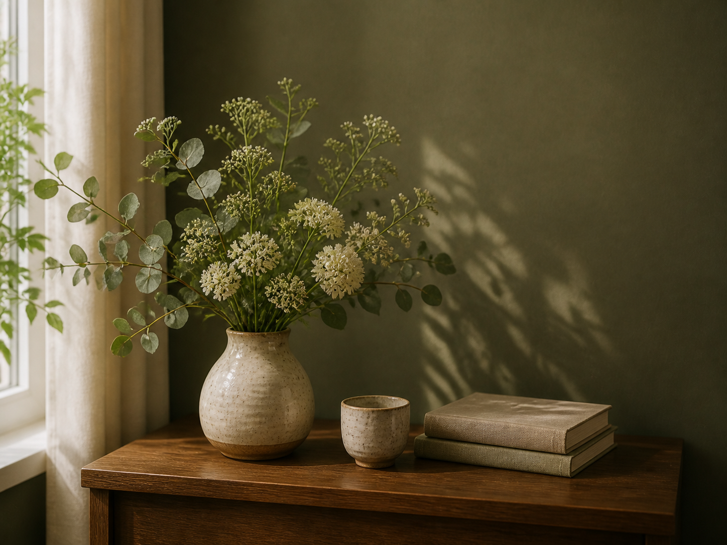 A ceramic vase with ivory flowers, a cup, and books in warm window light