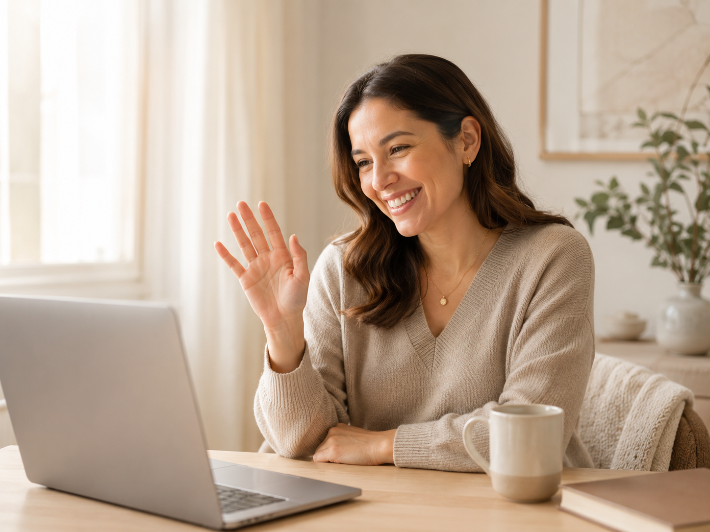 A smiling woman waving during a video call
