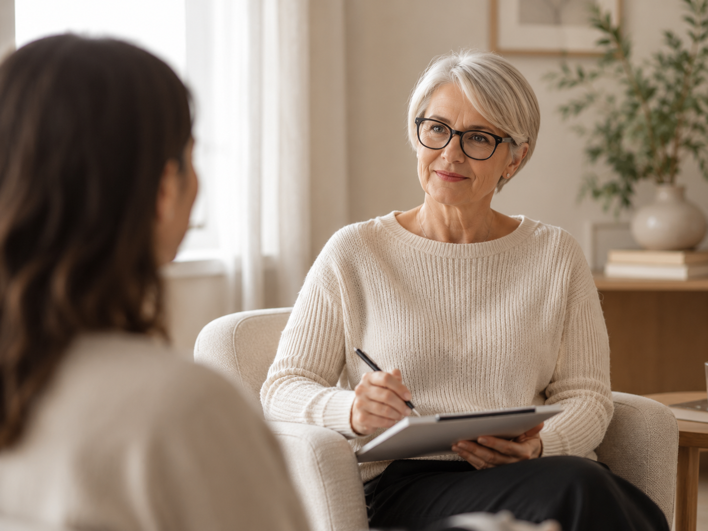 A therapist listening to a client